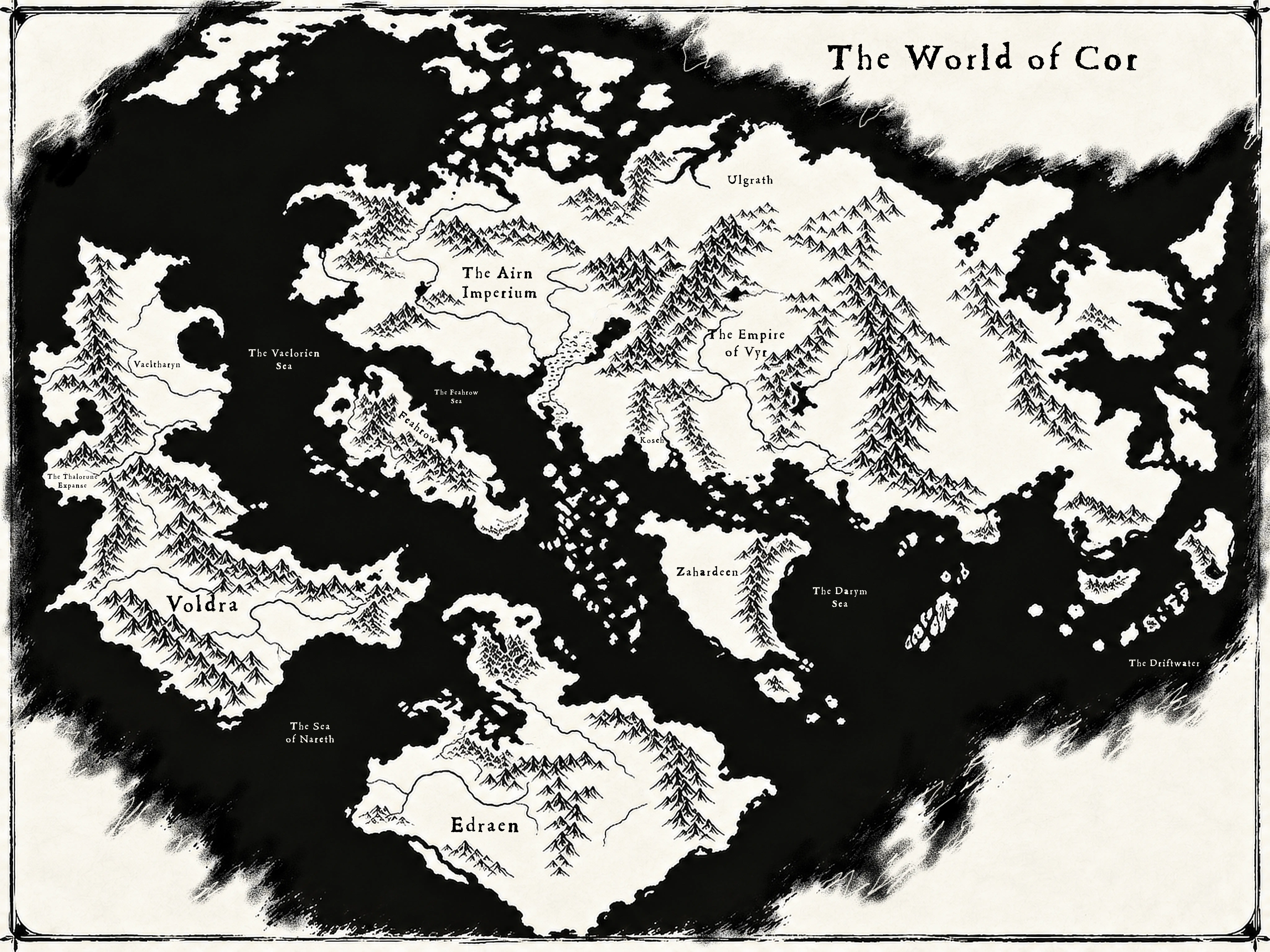 The World of Cor, showing its continents, seas, mountain ranges, the Airn Imperium, the Empire of Vyr and Voldra